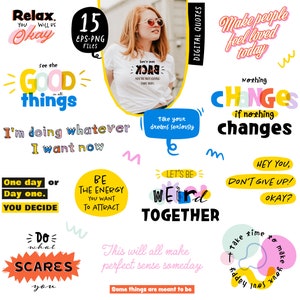 インスピレーションを与える引用句クリップアート、ライフスタイルステッカー Instagram モチベーションを高める格言 ユーモラスなポジティブなフレーズ デジタル昇華カットファイル PNG EPS