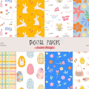 Może przedstawiać: Osiem bezszwowych wzorów papieru cyfrowego z motywami wielkanocnymi. Wzory obejmują króliki, jajka, kwiaty i kratki w różnych kolorach, w tym żółtym, niebieskim, różowym i białym. Wzory mają rozmiar 12 cali na 12 cali i rozdzielczość 3600 pikseli na 3600 pikseli.