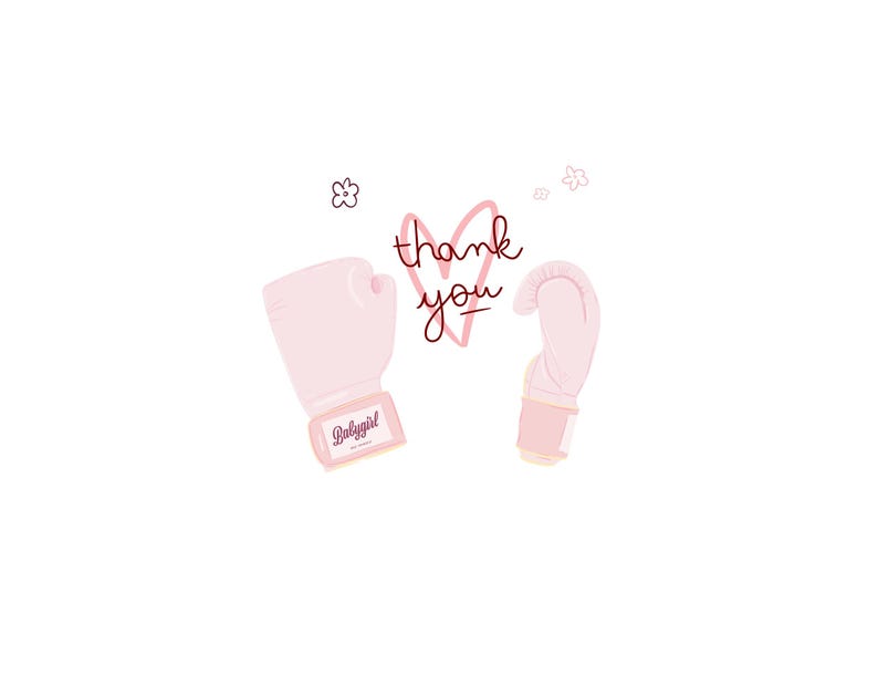 Puede incluir: Dos guantes de boxeo rosas con el texto "Babygirl" en uno de los guantes y un coraz&oacute;n rojo con el texto "thank you" en el centro de la imagen.