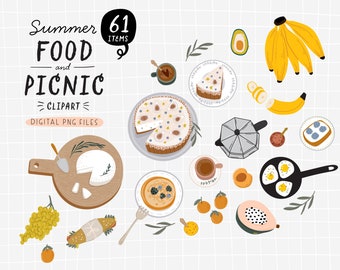 May include: A digital clipart set of 61 summer food and picnic illustrations. The set includes a variety of food items, such as fruit, pastries, sandwiches, and drinks. The illustrations are in a cartoon style and are perfect for use in digital projects, such as invitations, cards, and social media graphics.