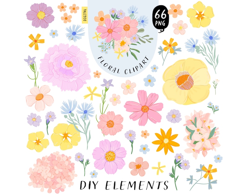May include: A collection of digital floral clipart elements in various colors, including pink, yellow, blue, and orange. The image includes a variety of flower types, such as cosmos, peonies, and smaller accent flowers. Text on the image reads "Floral Clipart" and "DIY Elements".