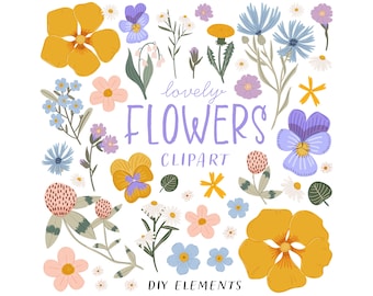 Digital Flowers Clipart, Bright Floral clipart, Hand drawn Summer Flowers, Leaves illustration, Gentle Spring Botany clipart Sublimation PNG