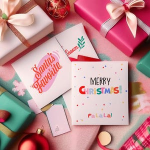 May include: An overhead shot of wrapped gifts and greeting cards. The gifts are in white, pink, and teal, with matching ribbons. The cards read "Santa's Favorite" and "Merry Christmas!" with colorful confetti.