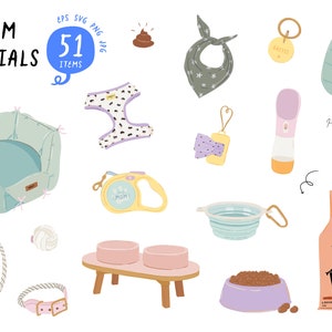 May include: A set of 51 dog mom essentials clipart illustrations, including a dog bed, leash, collar, food bowl, water bowl, dog food bag, poop bag, bandana, harness, and other dog-related items.