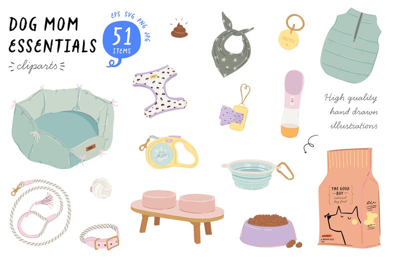 May include: A set of 51 dog mom essentials clipart illustrations, including a dog bed, leash, collar, food bowl, water bowl, dog food bag, poop bag, bandana, harness, and other dog-related items.