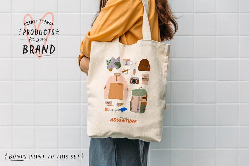 May include: A white canvas tote bag with a colorful illustration of camping gear and the text "born for adventure".