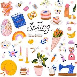 Paquete de imágenes prediseñadas de primavera, frases de temporada, imágenes prediseñadas de Pascua, libro de flores, plantas, huevos y pasteles. Pegatinas digitales para planificadores PNG SVG.