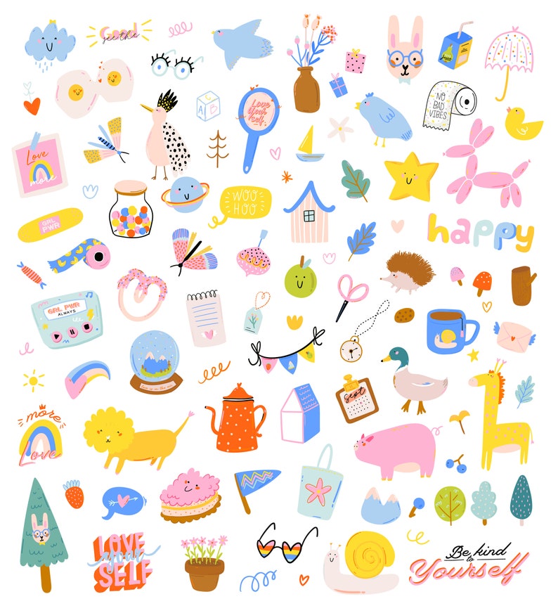 Cute Clipart Digital Stickers Trendy Doodles Clipart, Cartoon Abstract Kids icons Hand Drawn Baby Illustration Printable Clipart SVG PNG image 4