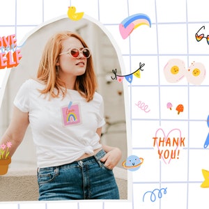 May include: A woman wearing a white t-shirt with a rainbow sticker that says "Love Yourself" and blue jeans. The background is a grid pattern with various colorful stickers, including a heart, a rainbow, a star, and a pair of sunglasses.