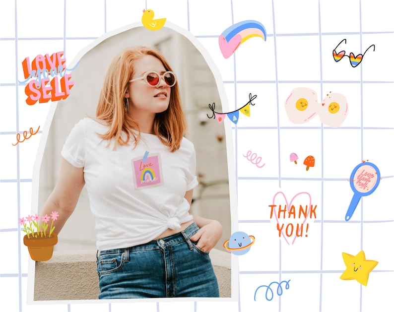 May include: A woman wearing a white t-shirt with a rainbow sticker that says "Love Yourself" and blue jeans. The background is a grid pattern with various colorful stickers, including a heart, a rainbow, a star, and a pair of sunglasses.