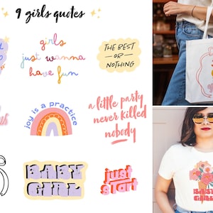 Op de afbeelding: Afbeelding met inspirerende citaten en merchandise. Bevat een draagtas met een eendenontwerp en de woorden "Hello Gorgeous", een t-shirt met een bloemenontwerp en de woorden "Baby Girl", en andere afbeeldingen met zinnen.