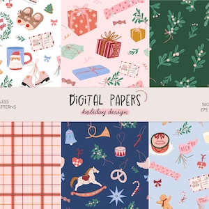 Digitale papieren wintervakantie, naadloos kerstpatroon, plakboekpapier, handgetekende textuur, digitale achtergrond, afdrukbare papierset, png