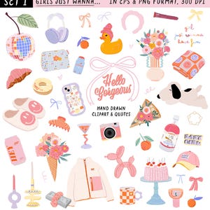Op de afbeelding: Een verzameling handgetekende clipart en citaten met een vrouwelijk thema. Bevat een discobal, koptelefoon, een badeend, bloemen, een croissant, een telefoonhoesje, een camera, een taart en de tekst "Hello Gorgeous".