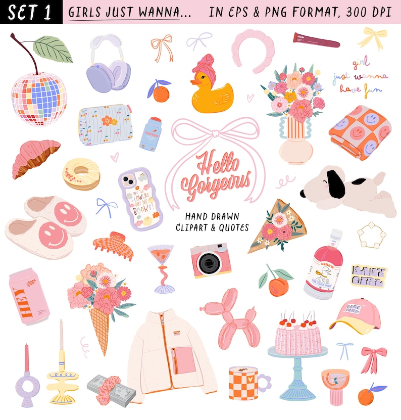 Op de afbeelding: Een verzameling handgetekende clipart en citaten met een vrouwelijk thema. Bevat een discobal, koptelefoon, een badeend, bloemen, een croissant, een telefoonhoesje, een camera, een taart en de tekst "Hello Gorgeous".