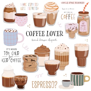 Clipart de café Tipos de café Elementos del menú de la cafetería. Linda ilustración de amante del café en tazas acogedoras. Camiseta con citas sobre el café. Png digital