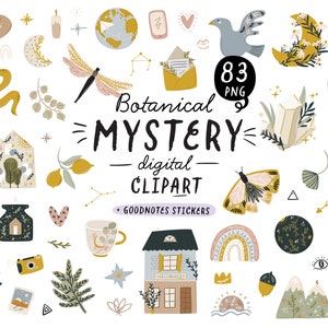 Magic Mystery Celestial Digital Clipart, clipart féminin, symboles magiques, illustration botanique, imprimés floraux, autocollants GoodNotes PNG
