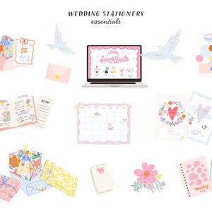 May include: A collection of wedding stationery essentials, including save the dates, invitations, a calendar, notebooks, gift boxes, and a calculator. The items are decorated with floral patterns and hearts.