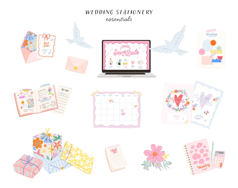 May include: A collection of wedding stationery essentials, including save the dates, invitations, a calendar, notebooks, gift boxes, and a calculator. The items are decorated with floral patterns and hearts.