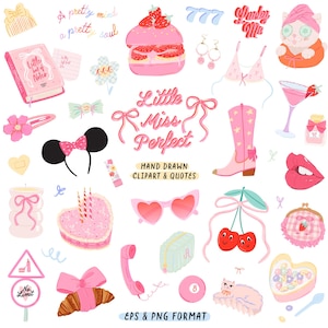 Bundle de cliparts coquette, clipart fille Pinkcore, éléments mignons dessinés à la main Png, autocollants doux mode girly numérique féminine Bimbo esthétique