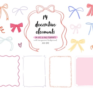 May include: A set of 14 decorative elements in EPS and PNG formats with transparent backgrounds. The elements include bows, hearts, frames, and swirls in various colors, including pink, blue, yellow, and red.