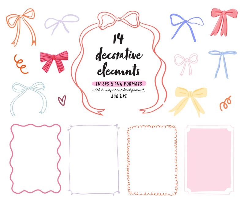 May include: A set of 14 decorative elements in EPS and PNG formats with transparent backgrounds. The elements include bows, hearts, frames, and swirls in various colors, including pink, blue, yellow, and red.