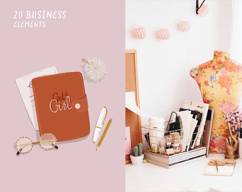 May include: A brown leather planner with the text "Get it Girl" on the cover. The planner is on a pink surface with a white pen, a pencil, and a pair of glasses.