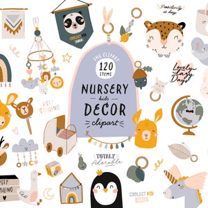 Decoração de berçário infantil clipart e conjunto de brinquedos clipart. Ilustração de animais. Citações de crianças da moda. Flores clipart. Download instantâneo clipart PNG