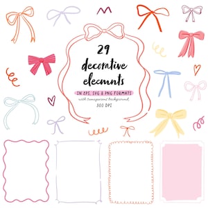 Whimsy Dekoration Clipart Pack: Rosa Schleife, Rahmen. Digitale Sofort Download PNG Dateien. Dekorative Elemente für Hochzeit, Einladung, Karte, Vorlagen