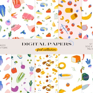May include: Eleven digital paper patterns featuring various food illustrations. The patterns include a variety of fruits, vegetables, seafood, pasta, cheese, and nuts. Each pattern is 12 inches by 12 inches and is in PNG format.