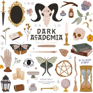 Dark Academia Clipart Mystery GoodNotes stickers Magic illustration Witch Dark Academia Flowers Candle Book Spell Potion Digital Sticker PNG