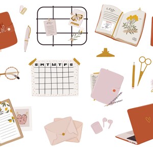 May include: A collection of office supplies and stationery items, including a calendar, a notebook, a clipboard, a phone, a pair of glasses, a pen, a pencil, a pair of scissors, a set of envelopes, a laptop, and a wire grid with notes.