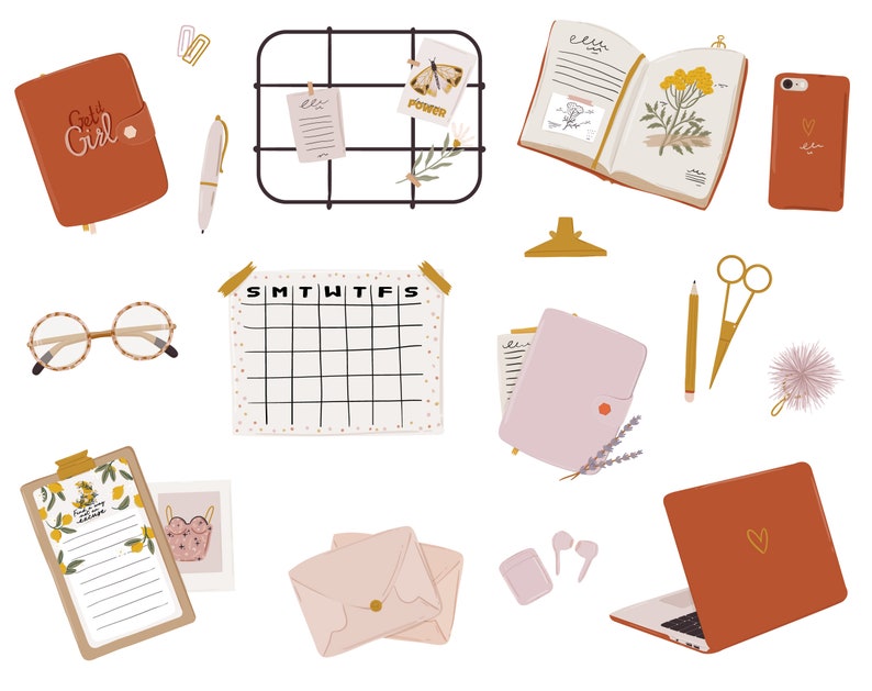 May include: A collection of office supplies and stationery items, including a calendar, a notebook, a clipboard, a phone, a pair of glasses, a pen, a pencil, a pair of scissors, a set of envelopes, a laptop, and a wire grid with notes.