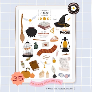 Clipart école de magie fournitures de sorcellerie PNG numérique autocollants GoodNotes Halloween citrouille baguette livre potion citrouille
