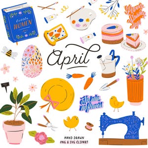 Clipart de Primavera Bonito e Citações de Páscoa. Clipart de Meninas de Abril Flores Jardim Bolo Livro. Adesivos de Planejador de Moda Feminino Downloads Digitais PNG