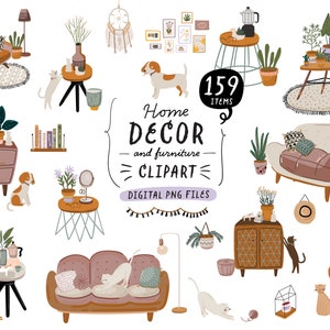Haus Innen Dekor Clipart Digitale Wohnzimmer Illustration Szene Schöpfer, Innerhalb Haus Möbel Hauspflanze Hund Katze Druckbare Aufkleber PNG
