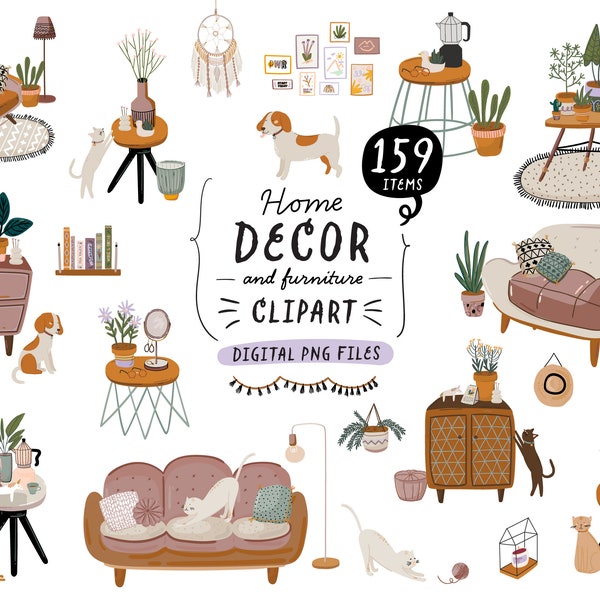 Decoración interior del hogar Clipart Digital Sala de estar Ilustración Creador de escenas, Muebles interiores de la casa Planta de interior Perro Gato Pegatinas imprimibles PNG