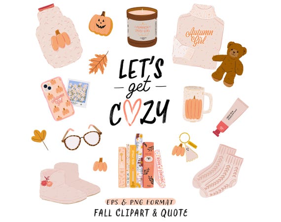 Fall Cozy Clipart Autumn Girl Fashion Digital Clipart Png Instant Download. Pumpkin Leaf Books Sweater Socks Candle Toy Glasses Autumn Quote