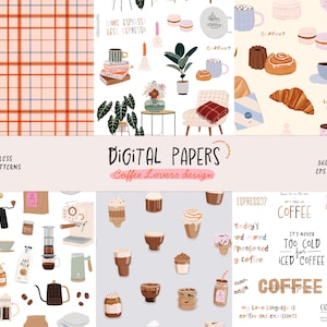 Lot de papier numérique café. Modèles de café sans couture. Amateur de café Clipart Scrapbooking Paper Pack Boulangerie Texture Background PNG imprimable