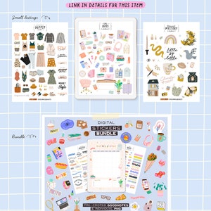 Op de afbeelding: Een digitale stickerbundel met een verscheidenheid aan ontwerpen, waaronder een maandplanner, citaten en illustraties. De stickers zijn vooraf geknipt voor gebruik in Goodnotes en zijn ook beschikbaar als afzonderlijke PNG-bestanden. De tekst "Als niet nu, wanneer?" staat onderaan de afbeelding.