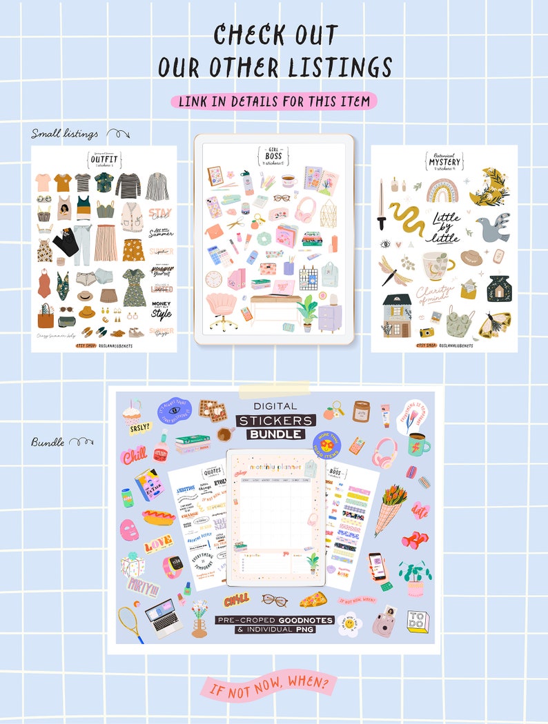 Op de afbeelding: Een digitale stickerbundel met een verscheidenheid aan ontwerpen, waaronder een maandplanner, citaten en illustraties. De stickers zijn vooraf geknipt voor gebruik in Goodnotes en zijn ook beschikbaar als afzonderlijke PNG-bestanden. De tekst "Als niet nu, wanneer?" staat onderaan de afbeelding.