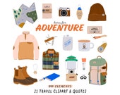 Travel Clipart Camping Clipart Digital Summer Travel Essentials Map Backpack Camera Cup Travel Outfit Outdoor Born for Adventure Quote Png