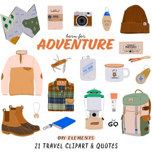 Travel Clipart Camping Clipart Digital Sommer Travel Essentials Map Rucksack Kamera Tasse Reise Outfit Outdoor Born for Adventure Zitat Png