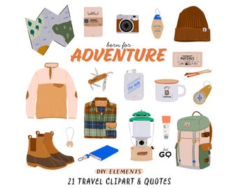 Travel Clipart Camping Clipart Digital Summer Travel Essentials Map Backpack Camera Cup Travel Outfit Outdoor Born for Adventure Quote Png