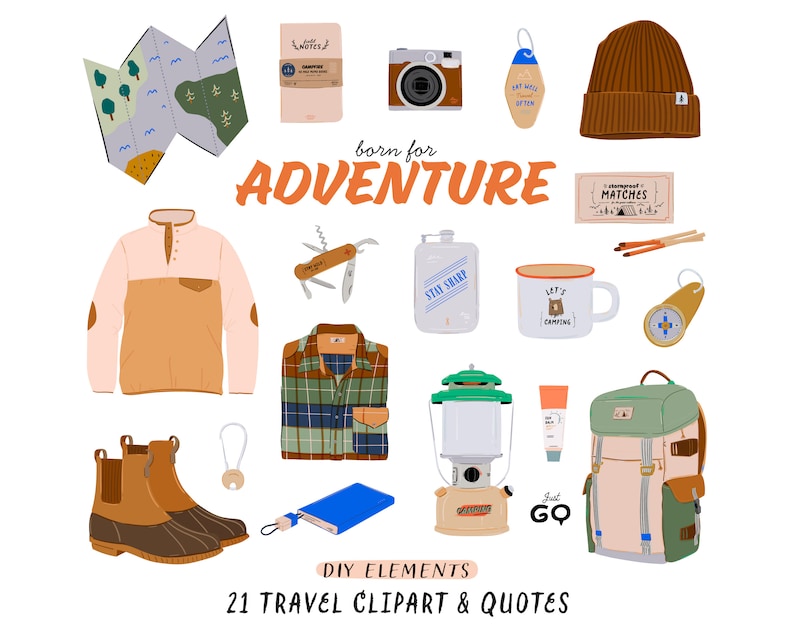 May include: A set of 21 travel-themed clipart illustrations, including a map, a compass, a backpack, a lantern, a mug, a camera, a pair of boots, a sweater, a plaid shirt, a beanie, matches, a notebook, a key chain, a multi-tool, a water bottle, and a tube of sunscreen. The illustrations are in a cartoon style and feature bright colors. The text "born for adventure" is featured in the center of the image.