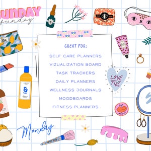 Op de afbeelding: Een inspiratiebord voor het ontwerpen van een digitale planner met de woorden "SUNDAY funday" en "Monday" in roze en blauwe letters. Het bord bevat een verscheidenheid aan items, waaronder een toilettas met citroenmotief, een flesje etherische olie, een slaapmasker, een hart met de woorden "LOVE THIS", een spiegel, een make-upkwast en een haarspeld. De tekst "GREAT FOR:" wordt gevolgd door een lijst met plannertypen, waaronder zelfzorg, visualisatie, taken, dagelijkse, wellness, stemming en fitnessplanners.