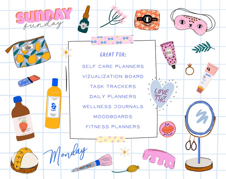 Op de afbeelding: Een inspiratiebord voor het ontwerpen van een digitale planner met de woorden "SUNDAY funday" en "Monday" in roze en blauwe letters. Het bord bevat een verscheidenheid aan items, waaronder een toilettas met citroenmotief, een flesje etherische olie, een slaapmasker, een hart met de woorden "LOVE THIS", een spiegel, een make-upkwast en een haarspeld. De tekst "GREAT FOR:" wordt gevolgd door een lijst met plannertypen, waaronder zelfzorg, visualisatie, taken, dagelijkse, wellness, stemming en fitnessplanners.
