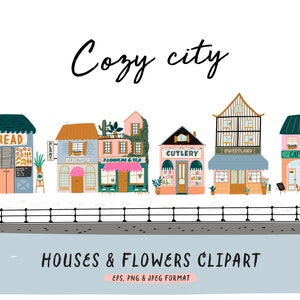 Clipart di Cozy Town: case scandinave, graziosi paesaggi urbani, elementi del villaggio. Città carina. Negozio di fiori. Manifesto della casa. Download immediato di PNG digitali