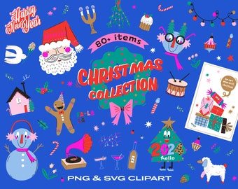 May include: A collection of 80+ Christmas themed illustrations in a variety of styles, including a gingerbread man, a snowman, a Santa Claus, a Christmas tree, and a wreath. The illustrations are in a bright, colorful style and are perfect for use in digital or printed projects.