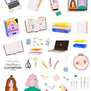 Może przedstawiać: Zbi&oacute;r ręcznie rysowanych ilustracji przedstawiających r&oacute;żne przedmioty do kreatywnych hobby, w tym laptop, zeszyty, pędzle, tamborek do haftu i książkę zatytułowaną "The Extalk".