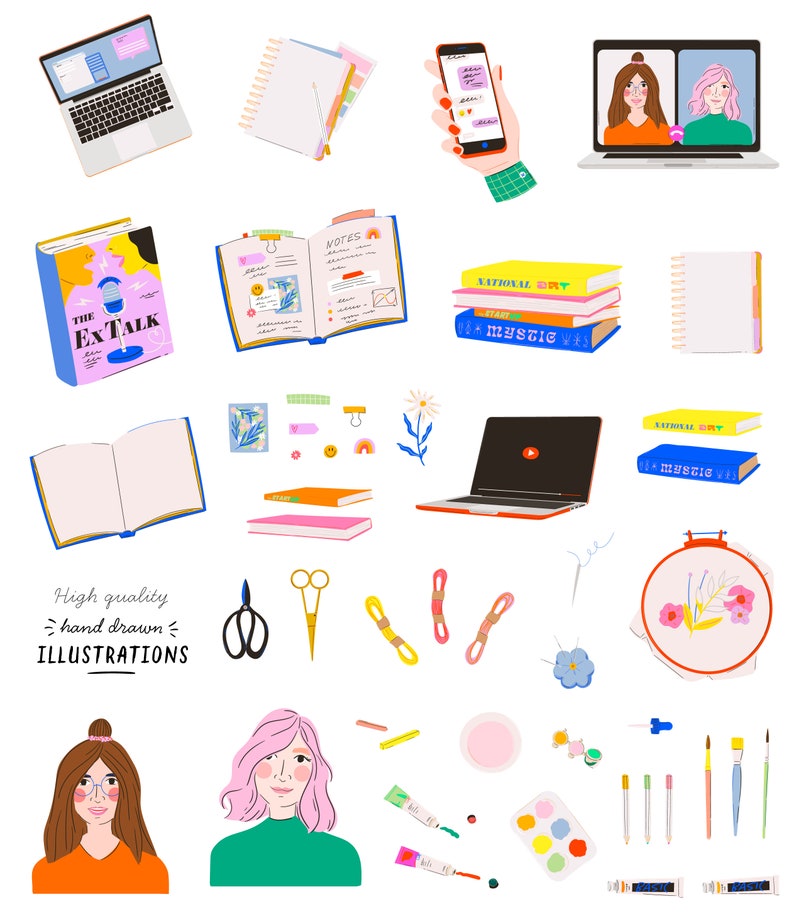 Może przedstawiać: Zbi&oacute;r ręcznie rysowanych ilustracji przedstawiających r&oacute;żne przedmioty do kreatywnych hobby, w tym laptop, zeszyty, pędzle, tamborek do haftu i książkę zatytułowaną "The Extalk".